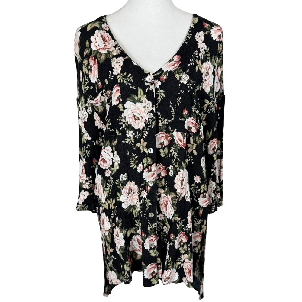 Show Me Your Mumu Women Tunic XS Black Floral Button Front V-Neck Oversized Top
